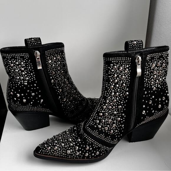 ISNOM Black Studded Rhinestone western Ankle Boots size 7 - Picture 3 of 13